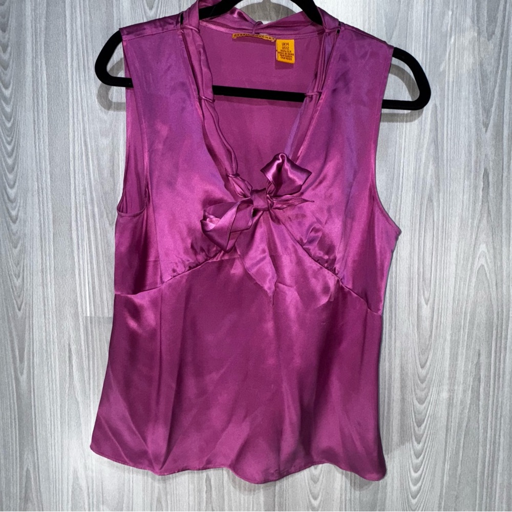 Vintage Debbie‎ Shuchat Silk Sleeveless Blouse Y2K 90s Pink With Bow Tie Size 12